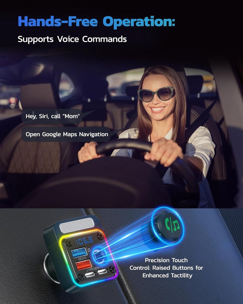 nulaxy 54W Bluetooth 5.3 Car Adapter with 4 Charging Ports [PD 36W & QC3.0 18W], Wireless Radio FM Transmitter with Deep Bass Player & 5 Colors LED Backlit, Hands-Free Calling - Blue - Image 5